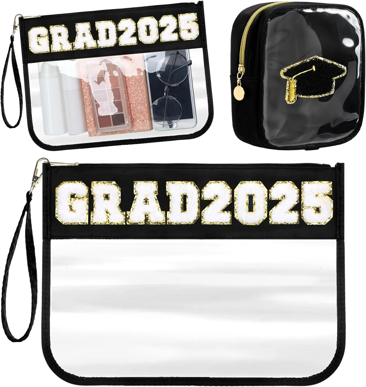 2 Pack Graduation Clear Makeup Bag Women Gifts Grad 2025 Chenille Patch Letter Bag Nylon and PVC Clear Cosmetic Pouch Waterproof Travel Bags for End of Year College High School Graduation Gifts