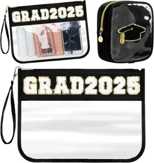 2 Pack Graduation Clear Makeup Bag Women Gifts Grad 2025 Chenille Patch Letter Bag Nylon and PVC Clear Cosmetic Pouch Waterproof Travel Bags for End of Year College High School Graduation Gifts