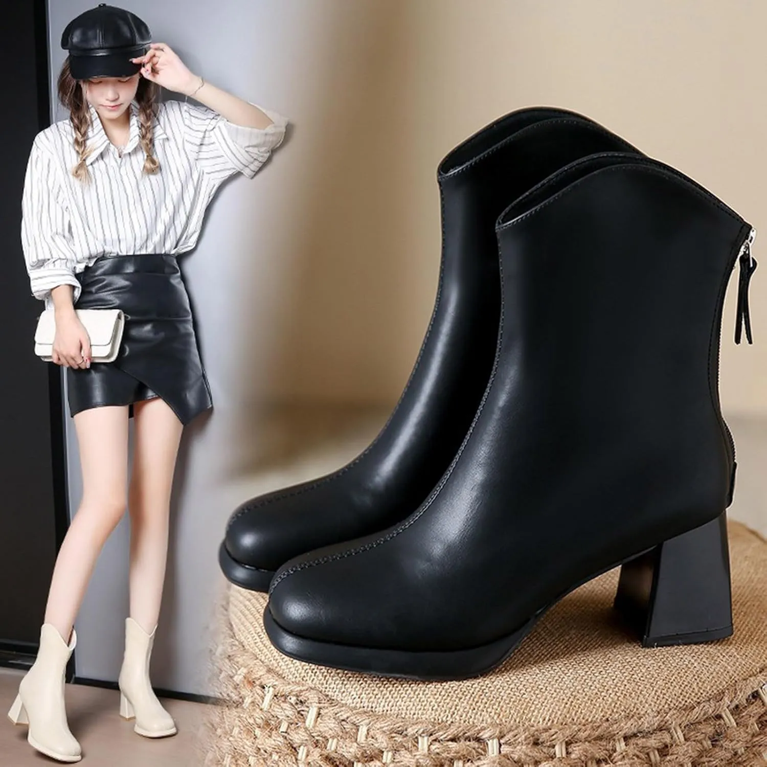 Ankle Boots for Women Comfy Mid Calf Boots for Women Back Zipper Plus Size Chunky Boots Temperament Fashion Boots