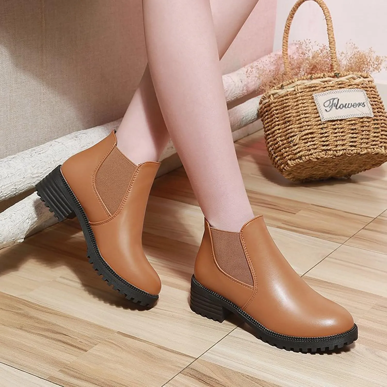 Ankle Boots for Women Square Toe Booties for Women Womens Suede Ankle Boots Short Walking Boot Fashion Closed Head Slip on Pointed Toe Chunky Stacked Heel