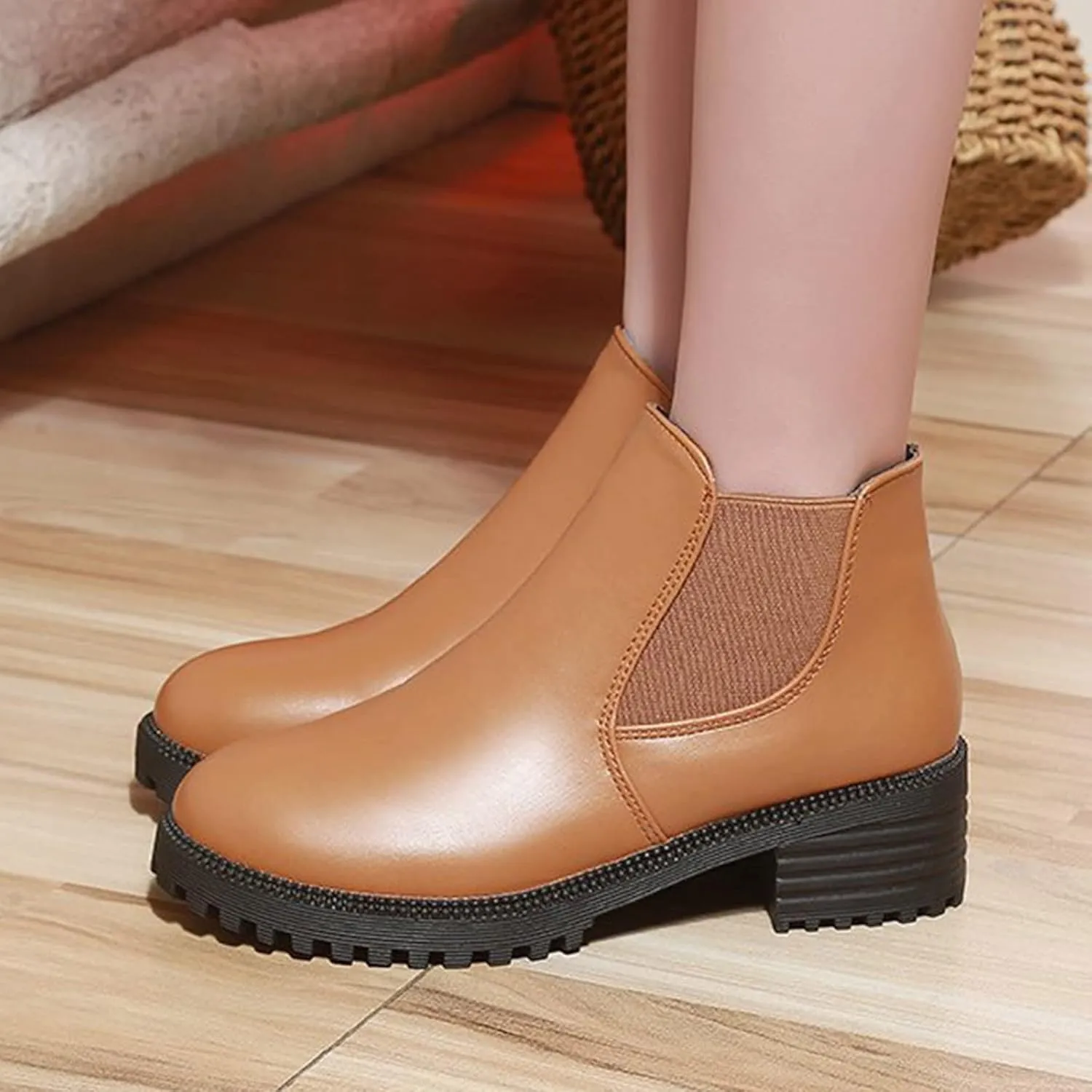 Ankle Boots for Women Square Toe Booties for Women Womens Suede Ankle Boots Short Walking Boot Fashion Closed Head Slip on Pointed Toe Chunky Stacked Heel