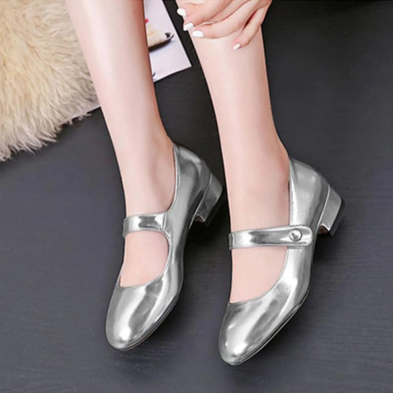 AOQUNFS Girl's Ballroom Latin Dance Shoes Slip On Dress Mary Janes Ankle Strap Low Heel Pumps,DS-18070