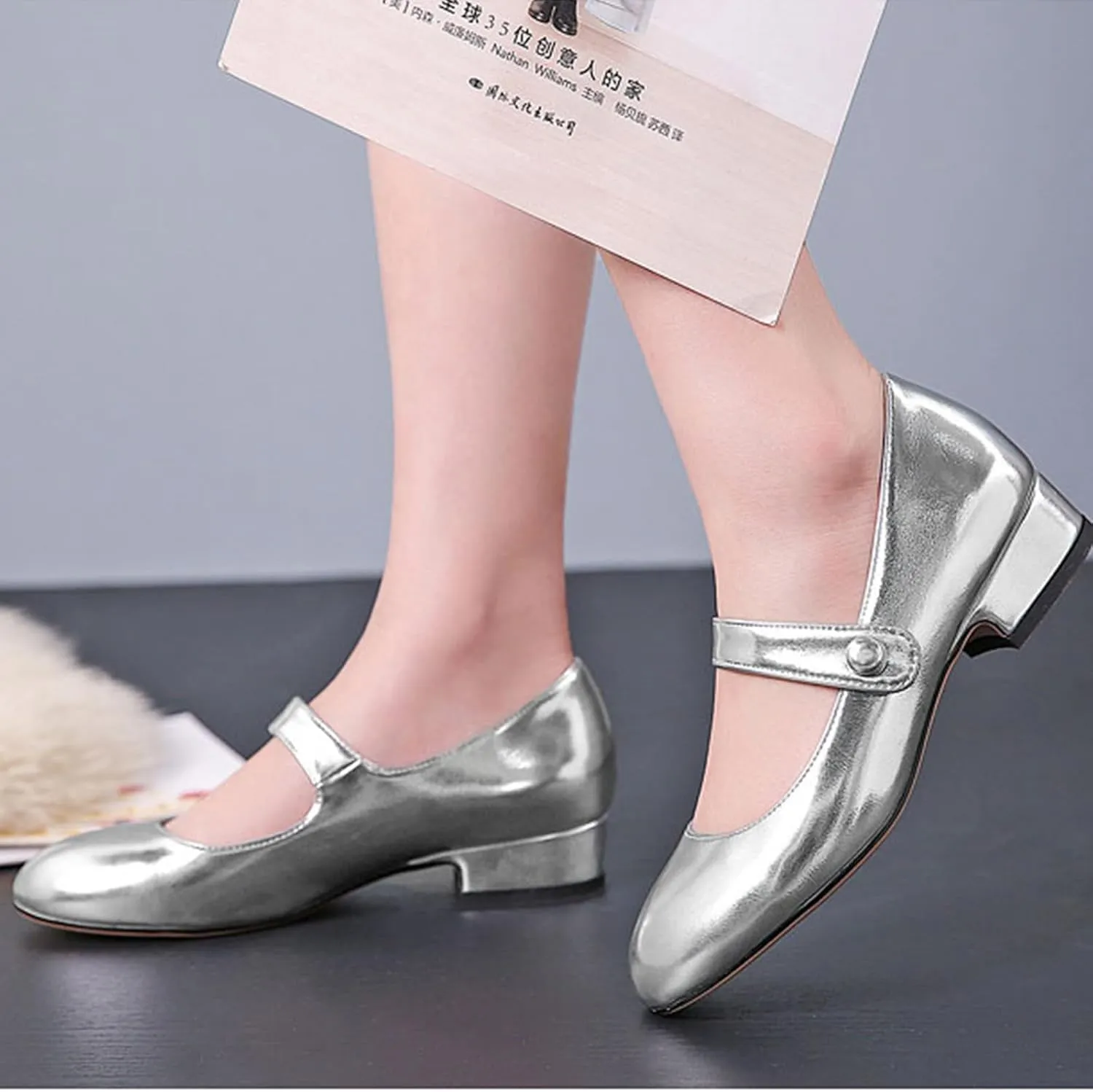 AOQUNFS Girl's Ballroom Latin Dance Shoes Slip On Dress Mary Janes Ankle Strap Low Heel Pumps,DS-18070