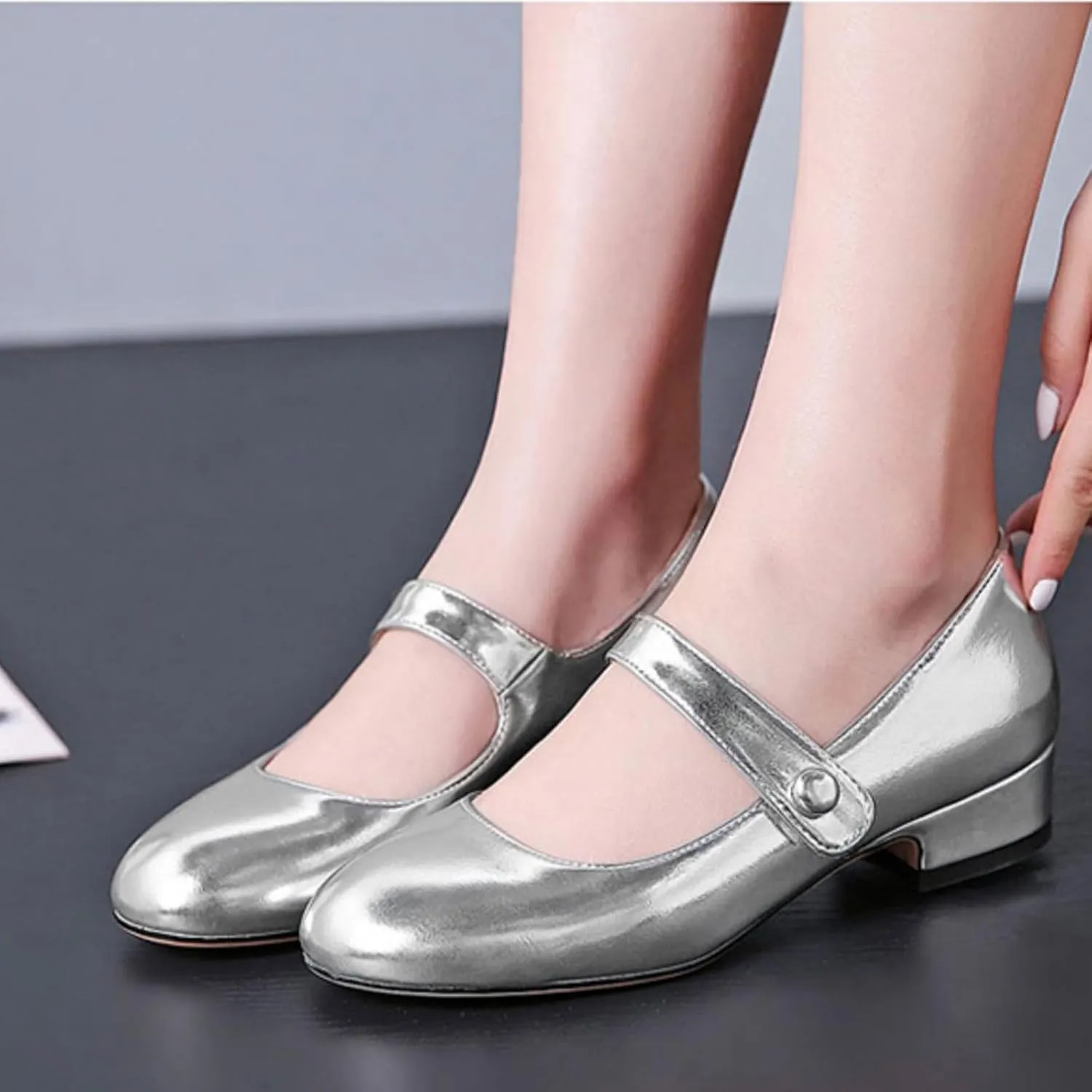 AOQUNFS Girl's Ballroom Latin Dance Shoes Slip On Dress Mary Janes Ankle Strap Low Heel Pumps,DS-18070
