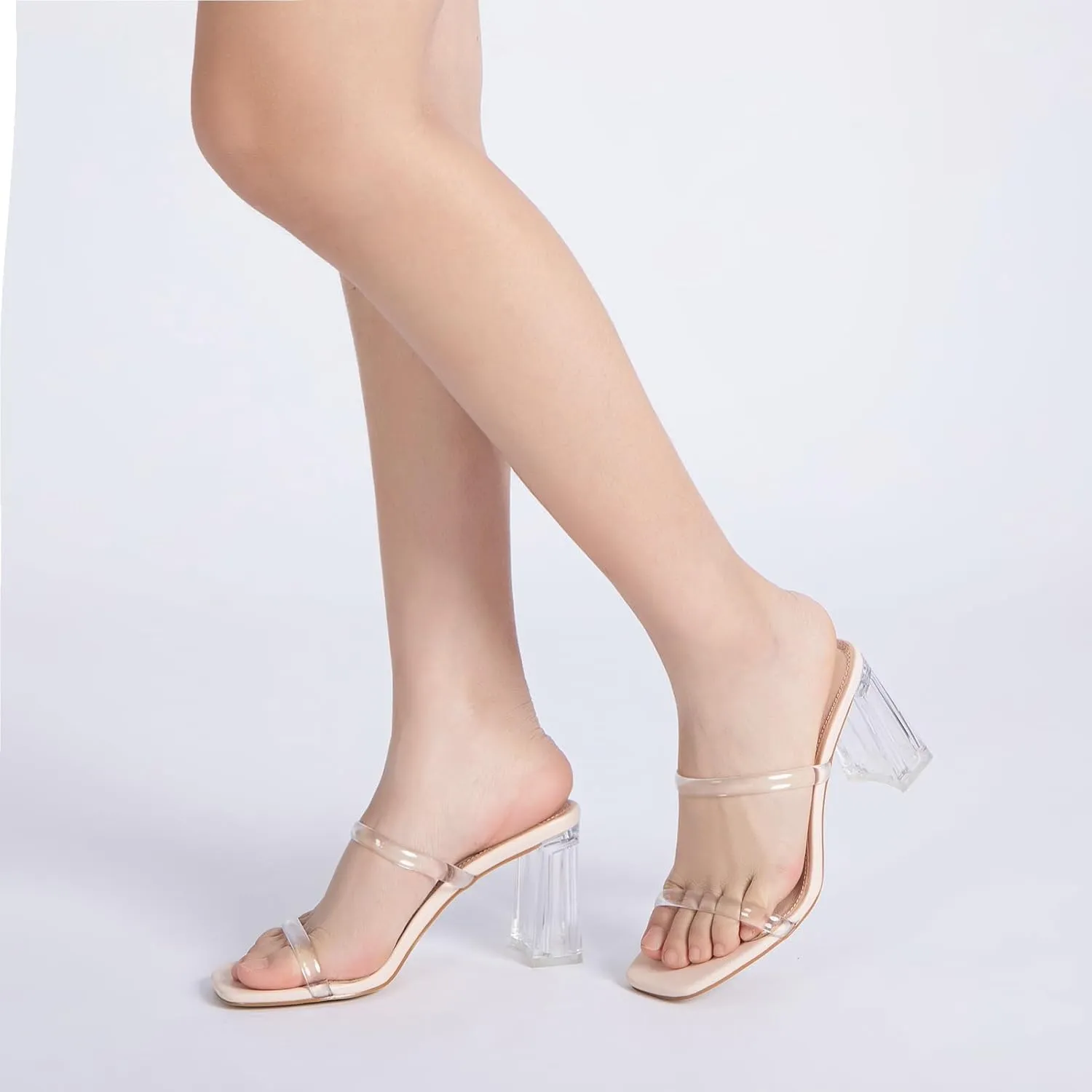 Athlefit Women's Square Open Toe Two Strap Heeled Sandals Slip On Block Chunky Heels Sandals