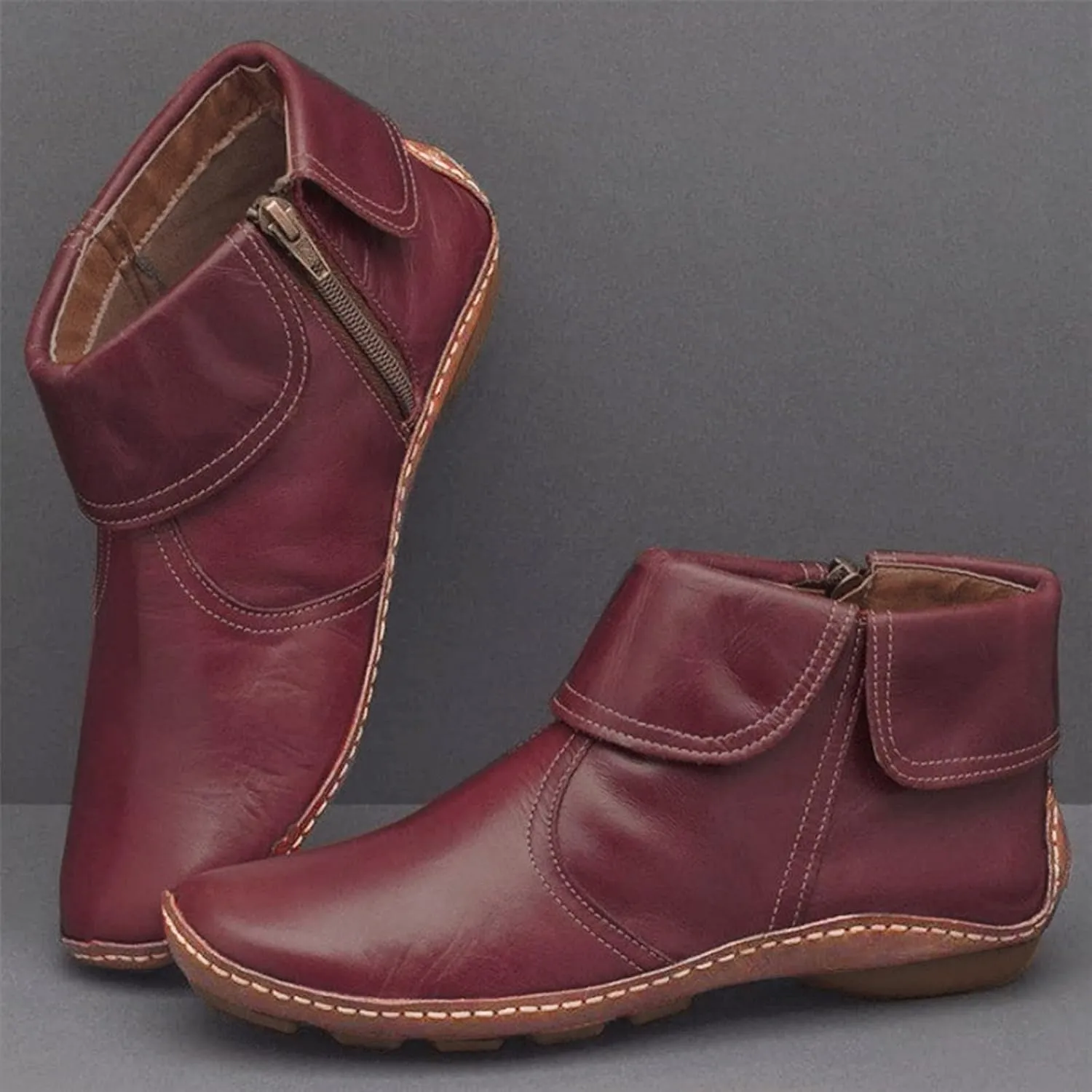 Boots for Women Retro Fashion Pleated Side Zipper Womens Boots Solid Color Flat Soft Sole Winter Boots for Women