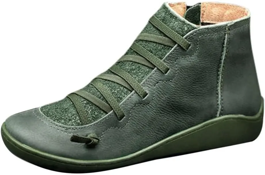Boots for Women Retro Leather Round Toe Lace up Side Zipper Womens Boots Flat Soft Comfortable Winter Boots for Women