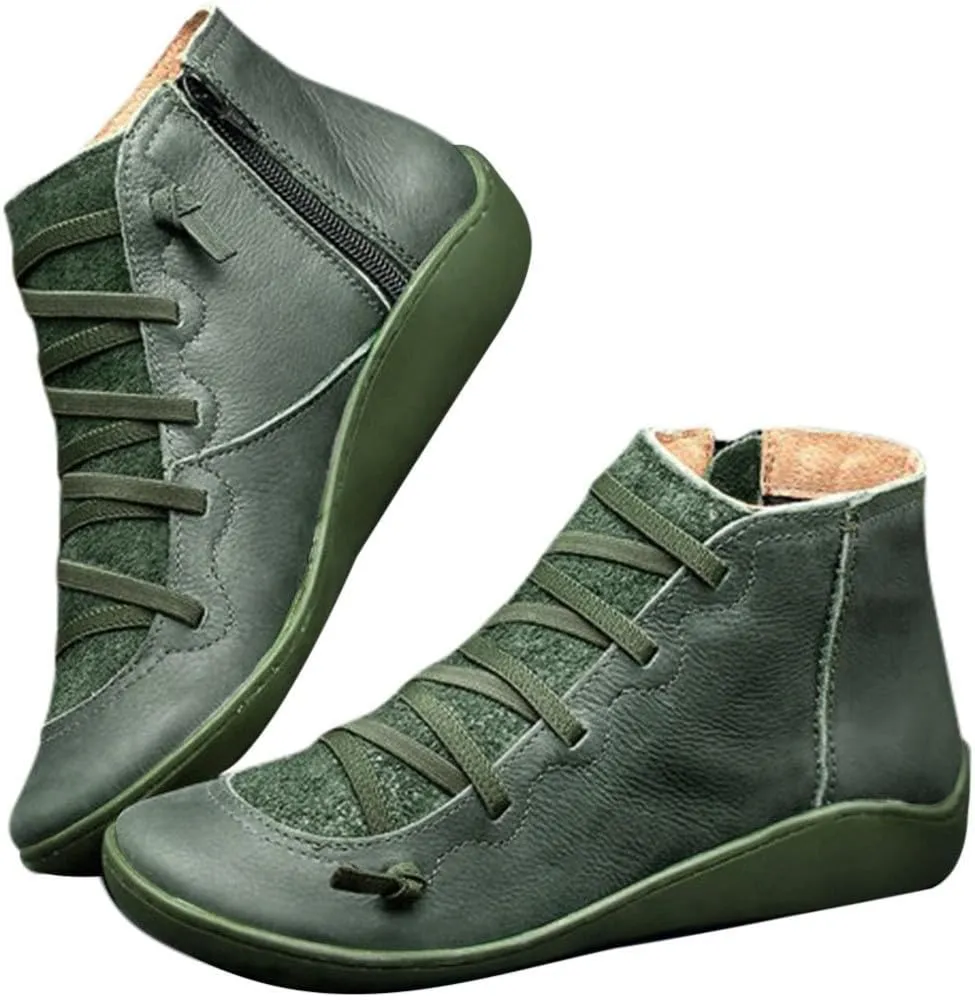 Boots for Women Retro Leather Round Toe Lace up Side Zipper Womens Boots Flat Soft Comfortable Winter Boots for Women