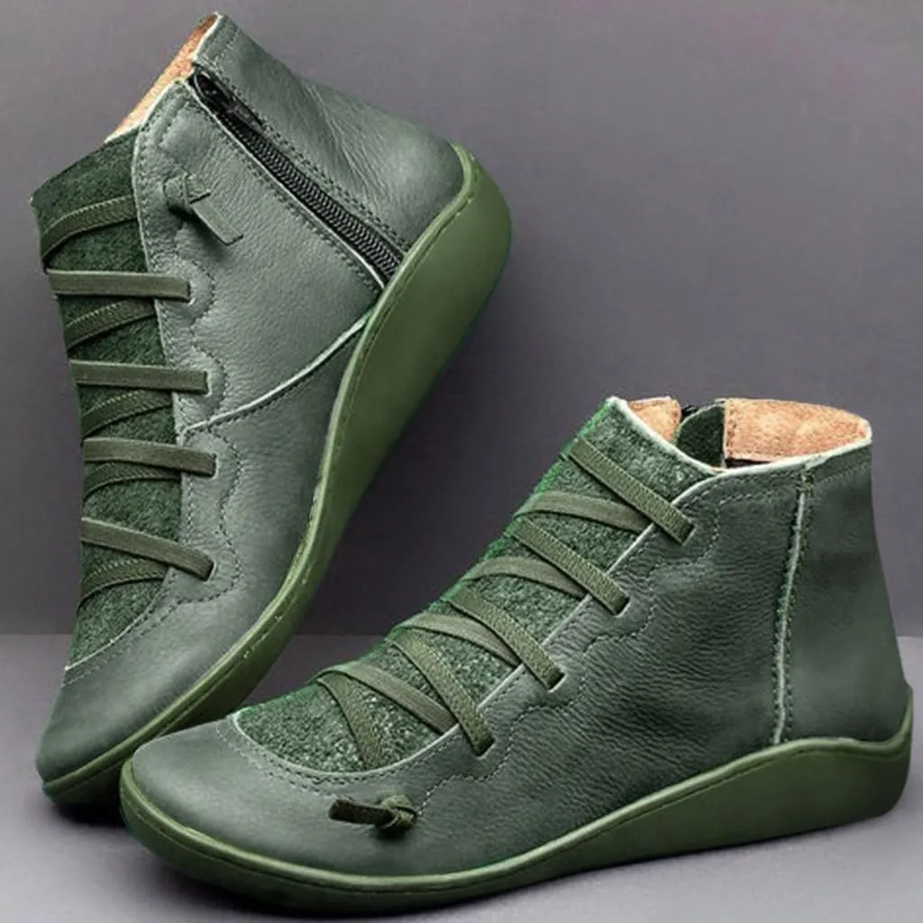 Boots for Women Retro Leather Round Toe Lace up Side Zipper Womens Boots Flat Soft Comfortable Winter Boots for Women