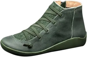 Boots for Women Retro Leather Round Toe Lace up Side Zipper Womens Boots Flat Soft Comfortable Winter Boots for Women