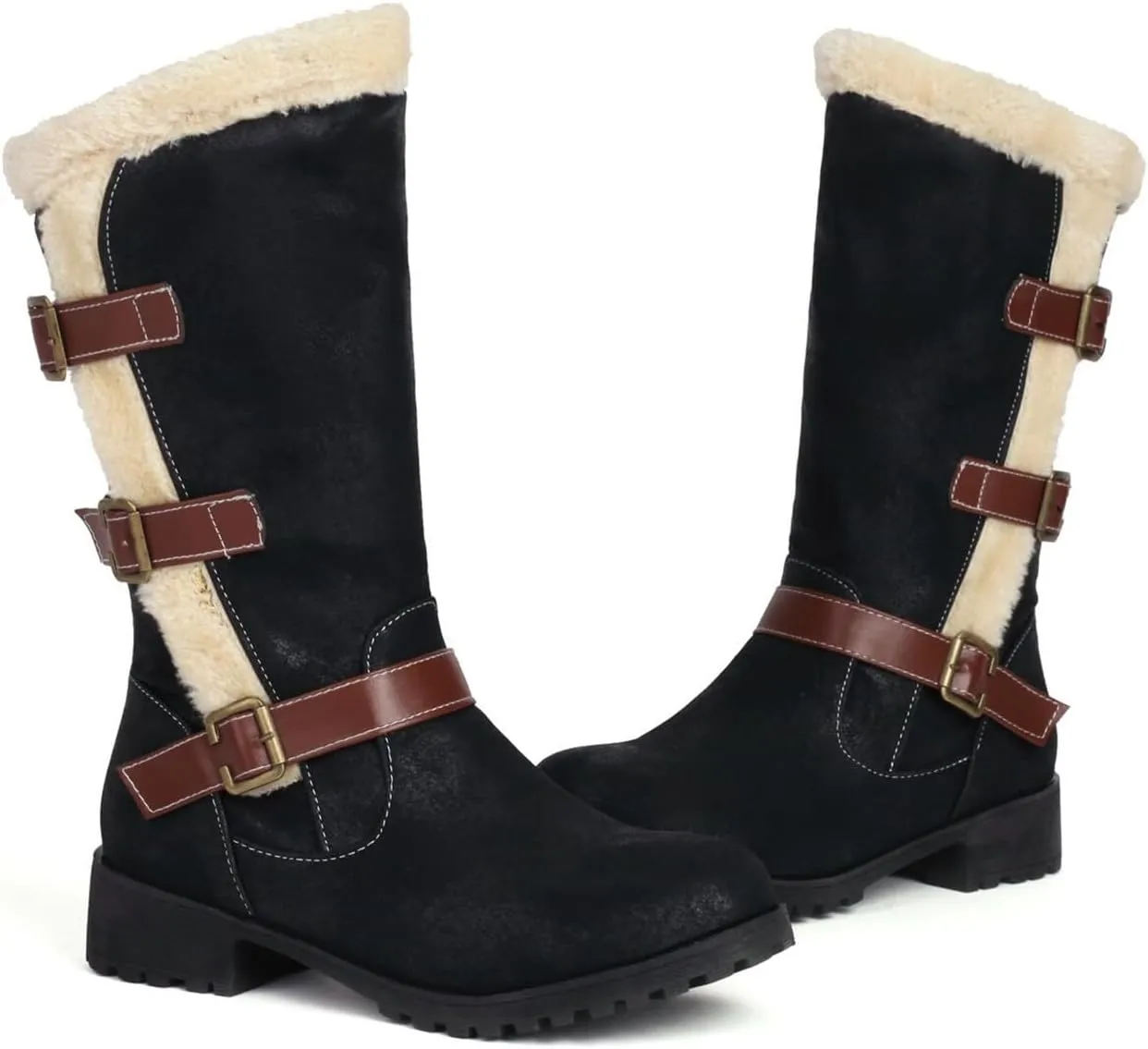 Boots for Women Side Zipper Buckle Straps Fuzzy Fur Warm Womens Boots Solid Color Comfortable Fashion Leather Boots