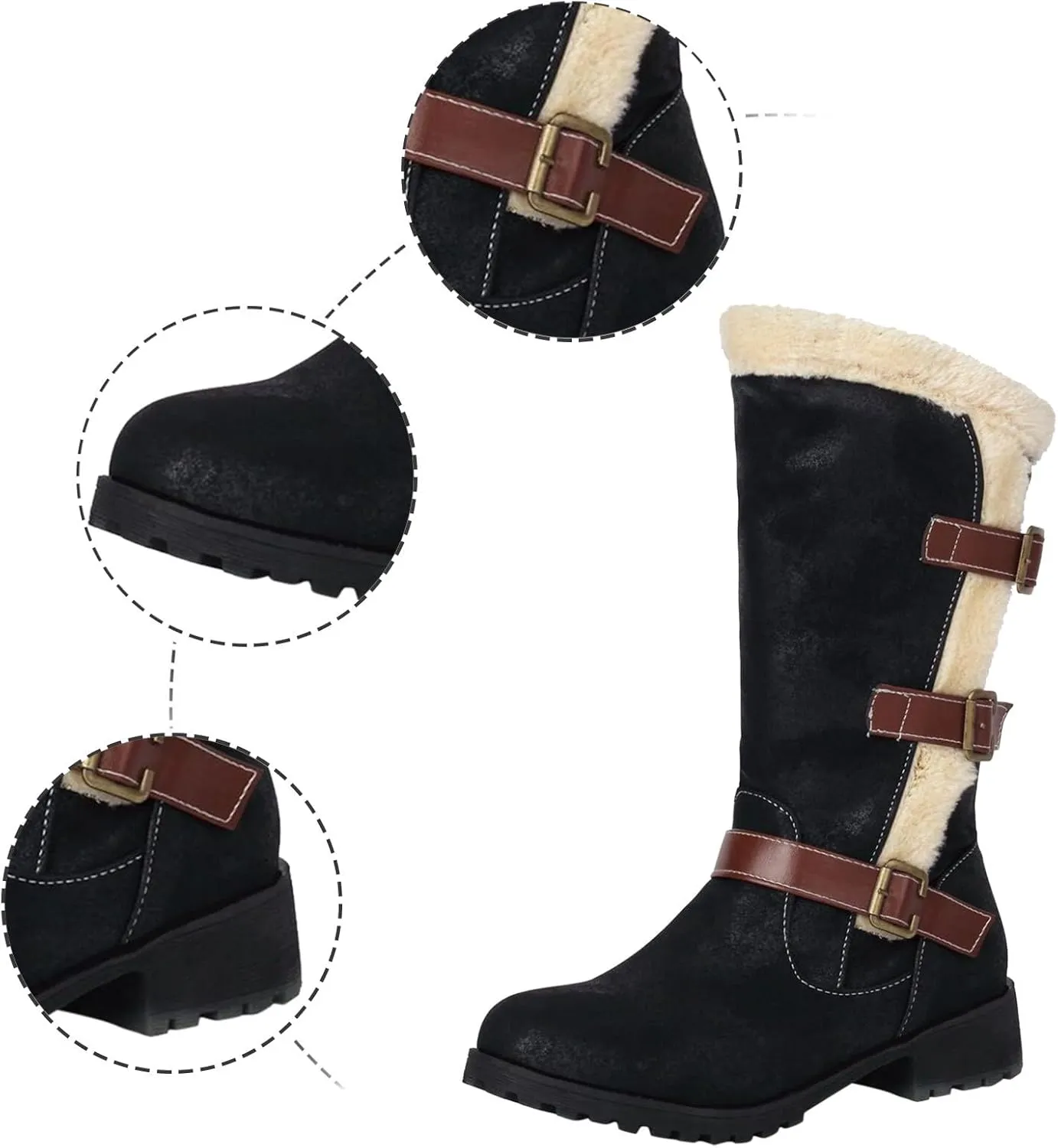 Boots for Women Side Zipper Buckle Straps Fuzzy Fur Warm Womens Boots Solid Color Comfortable Fashion Leather Boots