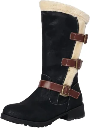 Boots for Women Side Zipper Buckle Straps Fuzzy Fur Warm Womens Boots Solid Color Comfortable Fashion Leather Boots