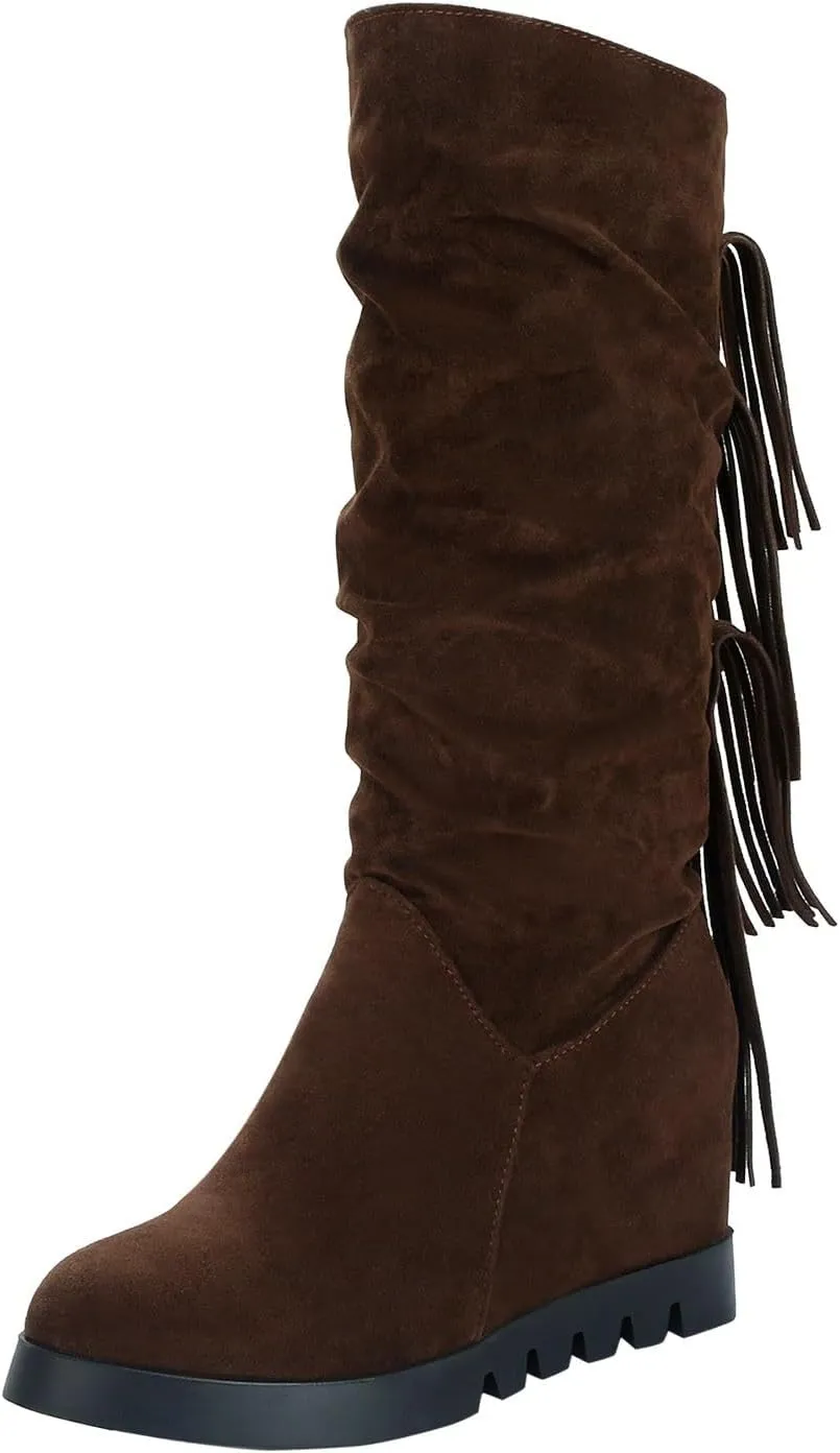 Boots for Women Solid Color Pleated Soft Comfortable Womens Boots Round Toe Thick Sole Anti-slip Suede Boots