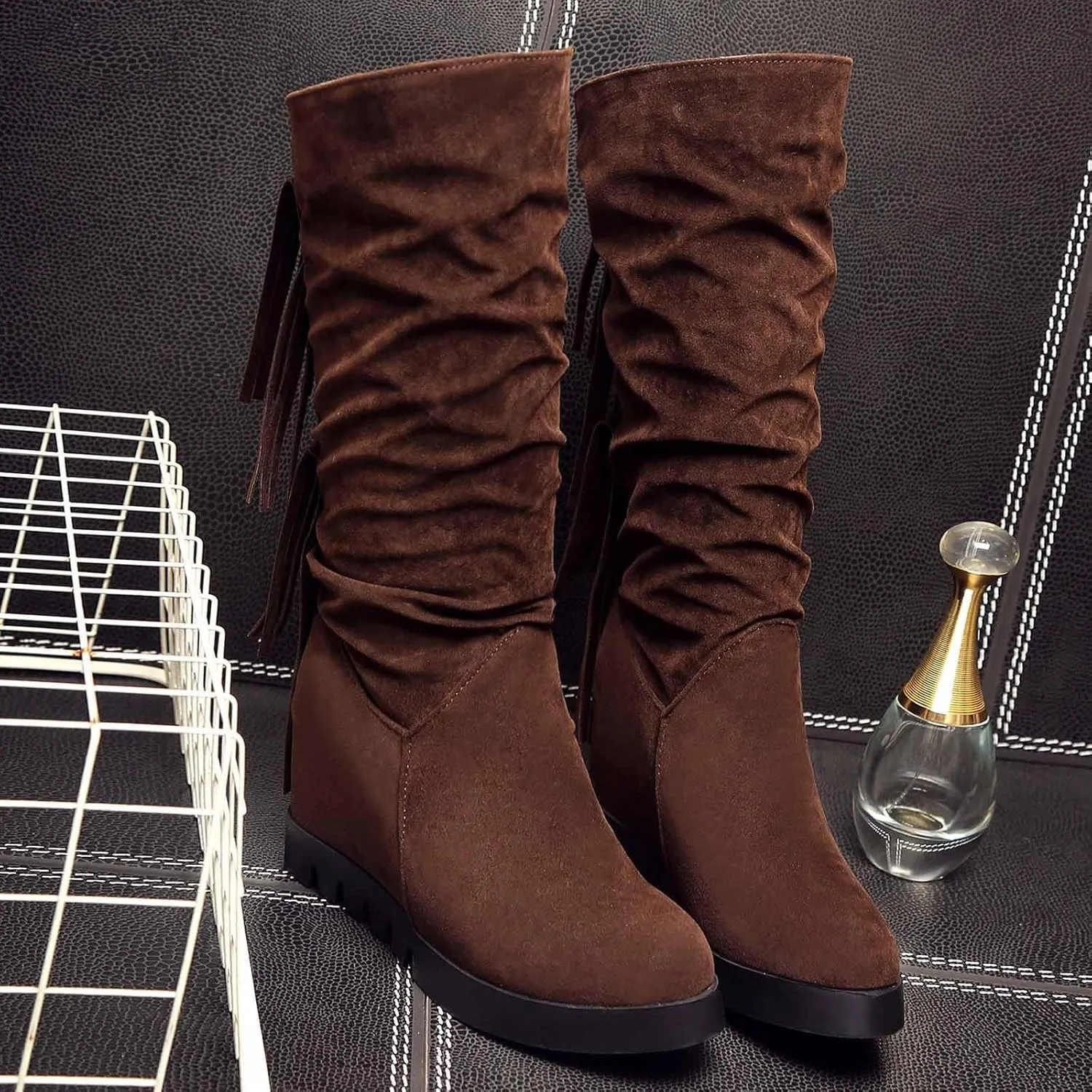 Boots for Women Solid Color Pleated Soft Comfortable Womens Boots Round Toe Thick Sole Anti-slip Suede Boots