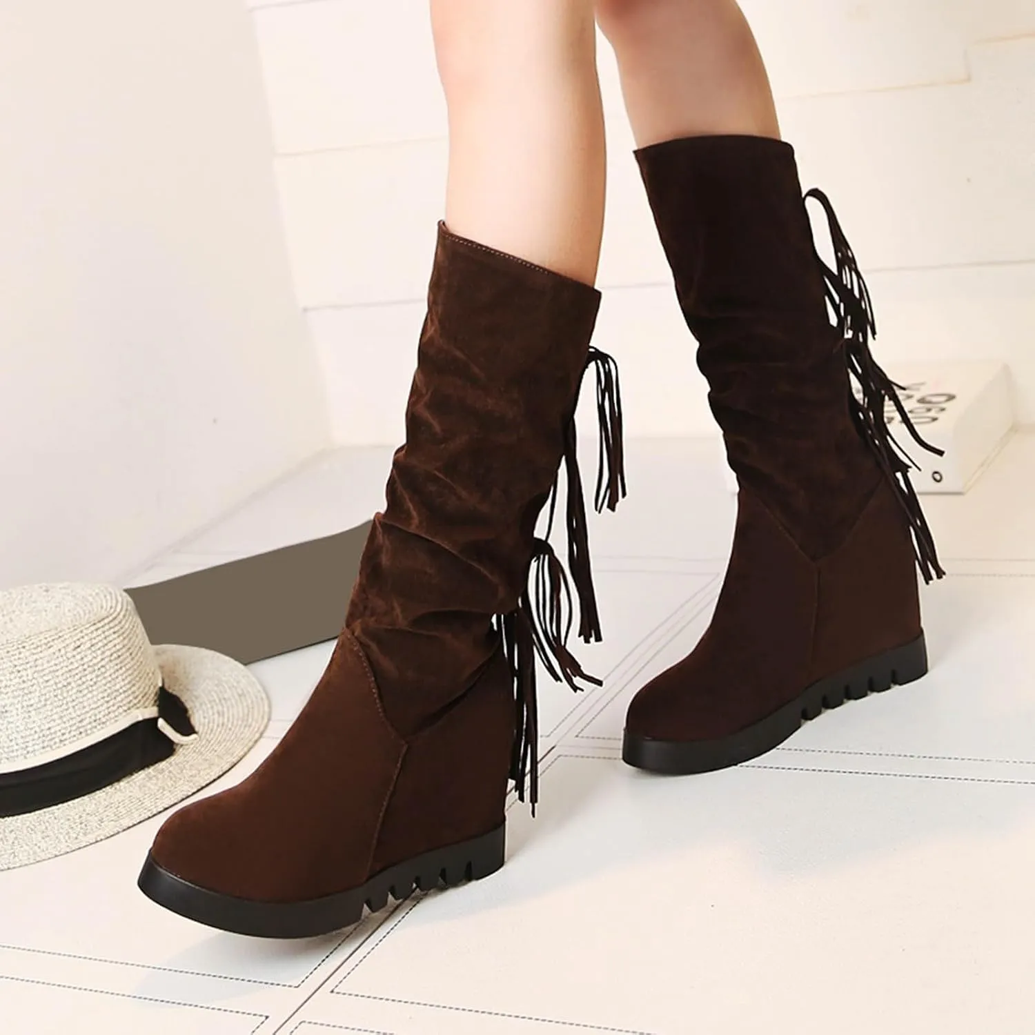 Boots for Women Solid Color Pleated Soft Comfortable Womens Boots Round Toe Thick Sole Anti-slip Suede Boots