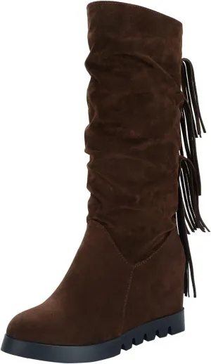 Boots for Women Solid Color Pleated Soft Comfortable Womens Boots Round Toe Thick Sole Anti-slip Suede Boots