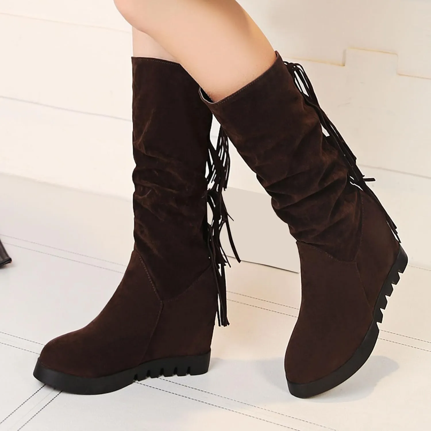 Boots for Women Solid Color Pleated Soft Comfortable Womens Boots Round Toe Thick Sole Anti-slip Suede Boots
