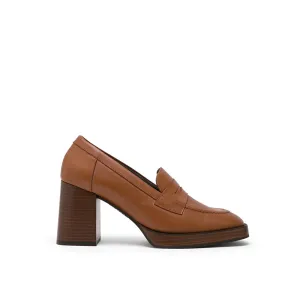 Brown Leather High Heel Loafers