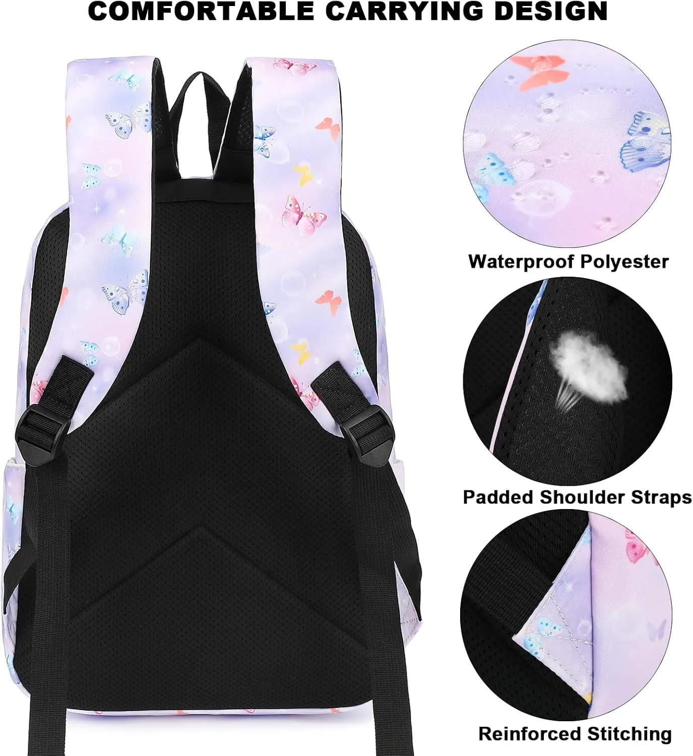 Butterfly Girls School Backpack for Kids Teens, Elementary Middle School Backpacks Bookbag Set with Lunch Bag Pencil Case