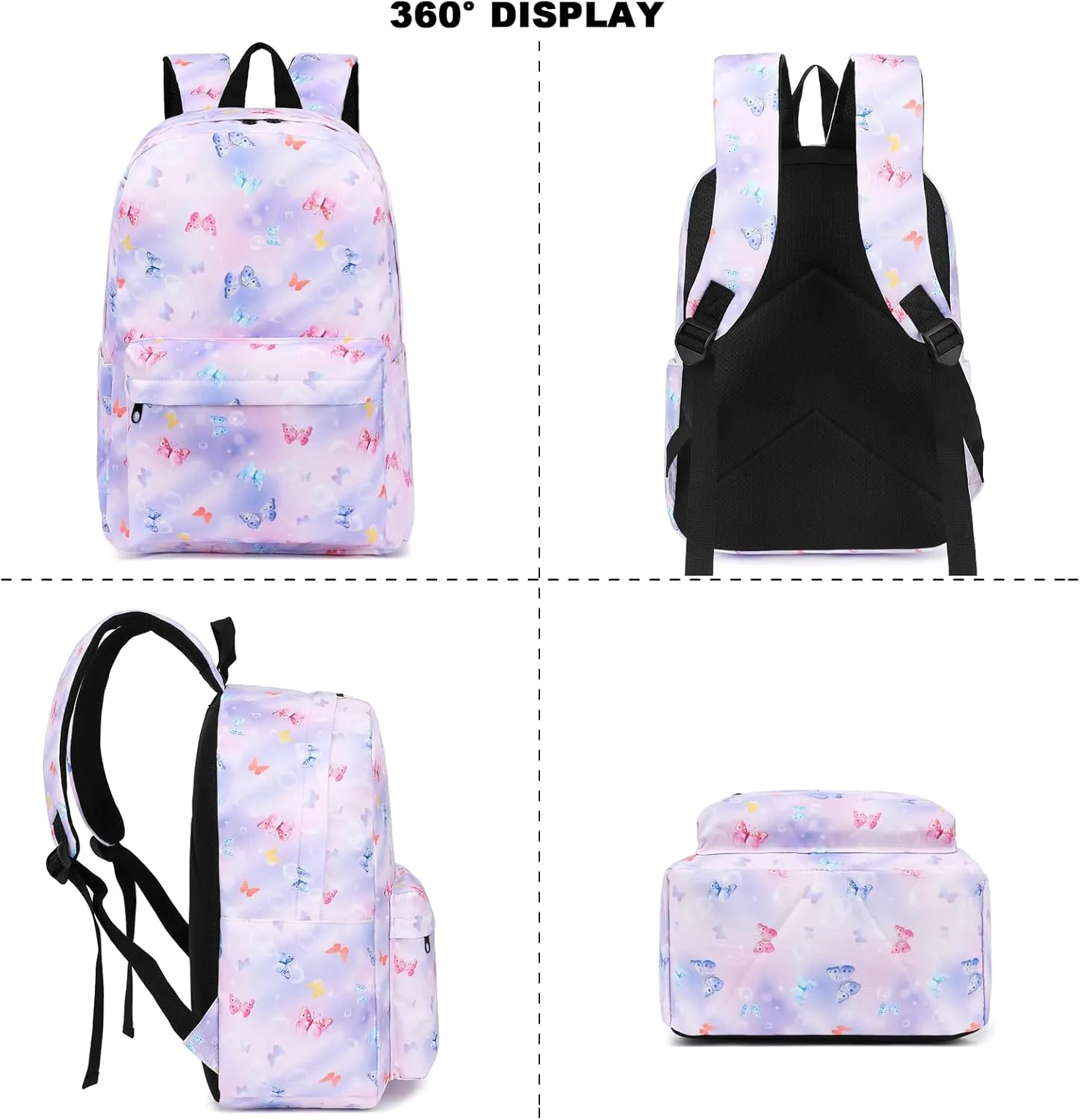 Butterfly Girls School Backpack for Kids Teens, Elementary Middle School Backpacks Bookbag Set with Lunch Bag Pencil Case