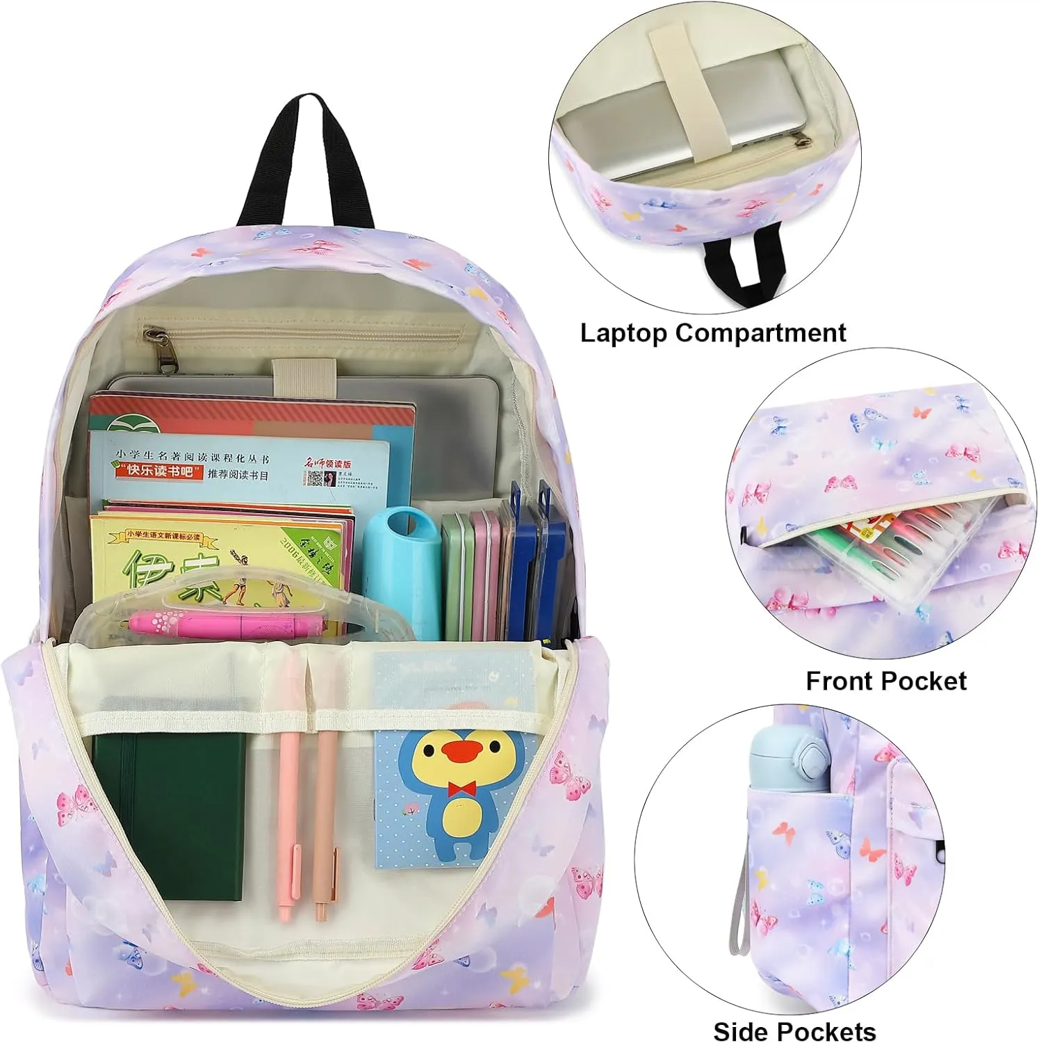Butterfly Girls School Backpack for Kids Teens, Elementary Middle School Backpacks Bookbag Set with Lunch Bag Pencil Case