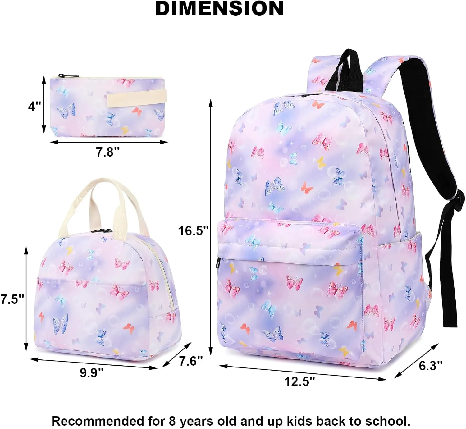 Butterfly Girls School Backpack for Kids Teens, Elementary Middle School Backpacks Bookbag Set with Lunch Bag Pencil Case