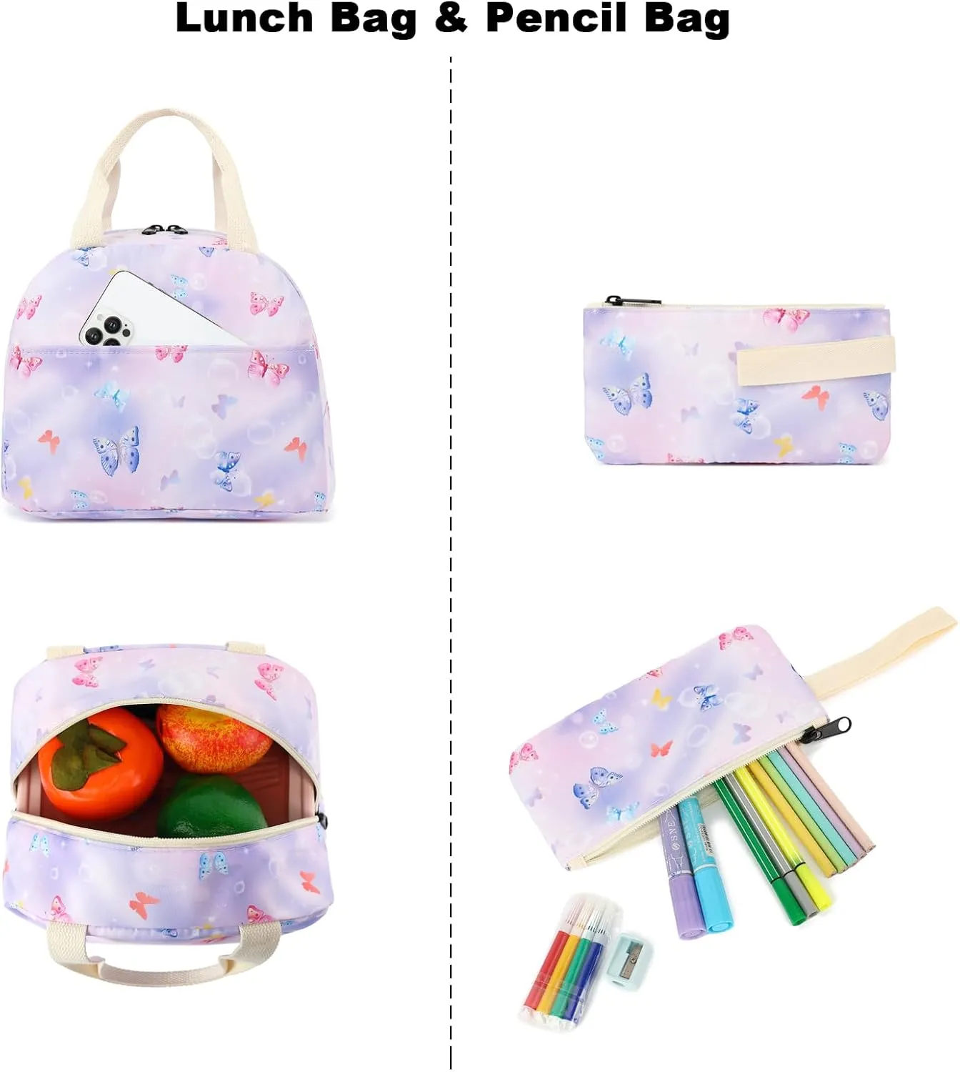 Butterfly Girls School Backpack for Kids Teens, Elementary Middle School Backpacks Bookbag Set with Lunch Bag Pencil Case