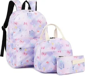Butterfly Girls School Backpack for Kids Teens, Elementary Middle School Backpacks Bookbag Set with Lunch Bag Pencil Case