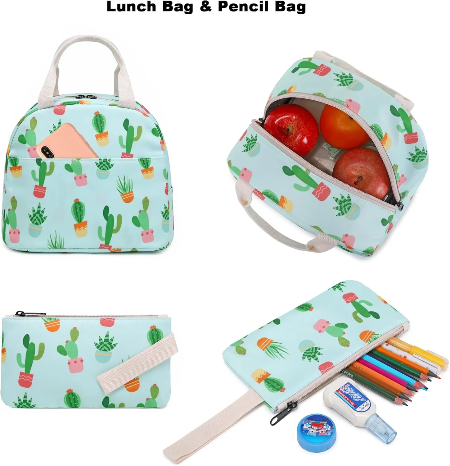 Cactus Girls School Backpack for Kids Teens, Elementary Middle School Backpacks Bookbag Set with Lunch Bag Pencil Case