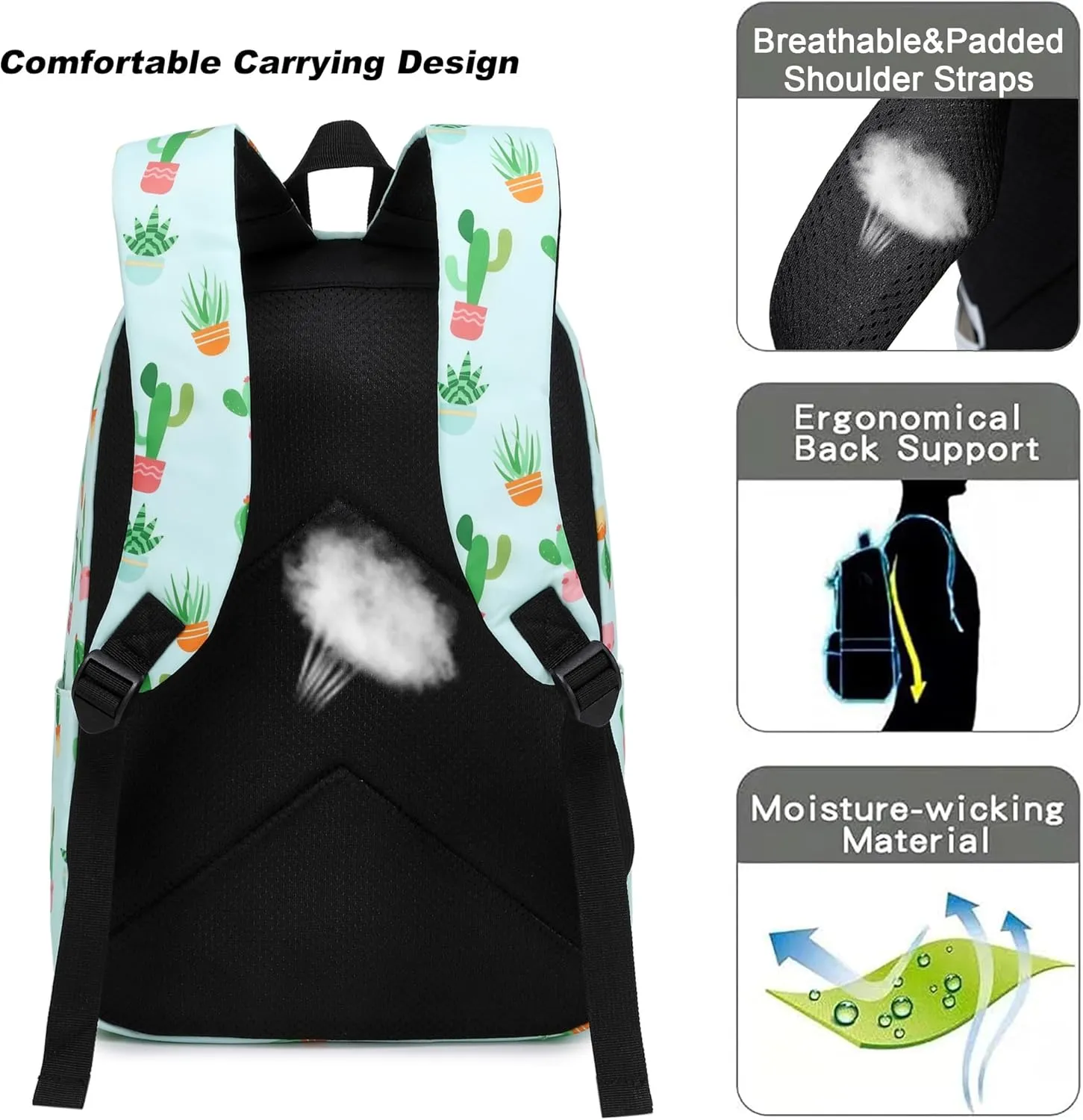 Cactus Girls School Backpack for Kids Teens, Elementary Middle School Backpacks Bookbag Set with Lunch Bag Pencil Case