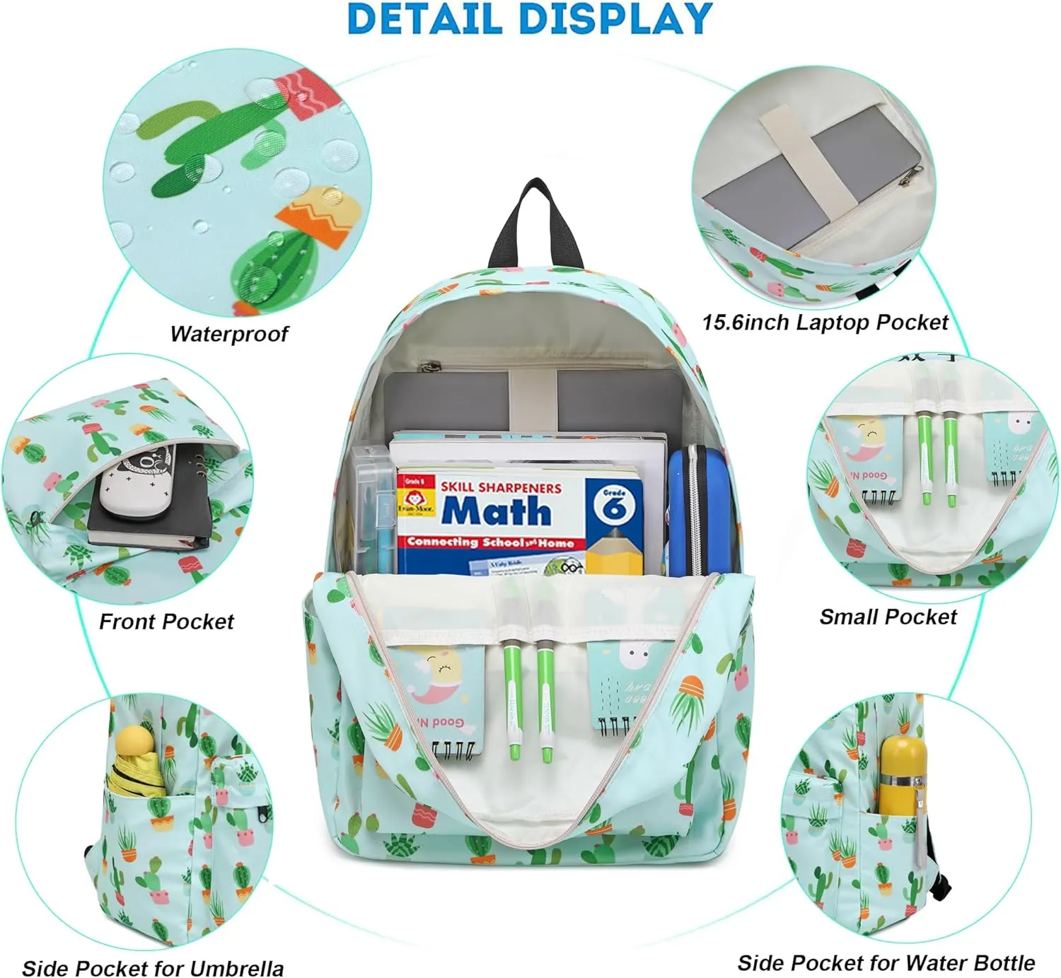 Cactus Girls School Backpack for Kids Teens, Elementary Middle School Backpacks Bookbag Set with Lunch Bag Pencil Case