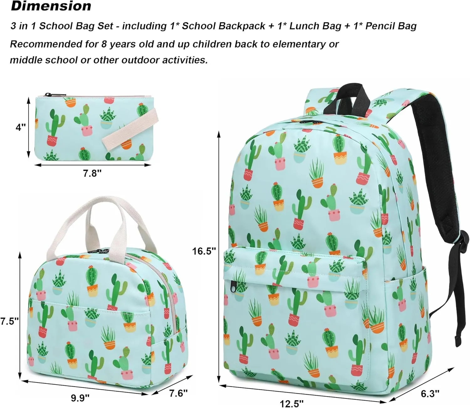 Cactus Girls School Backpack for Kids Teens, Elementary Middle School Backpacks Bookbag Set with Lunch Bag Pencil Case