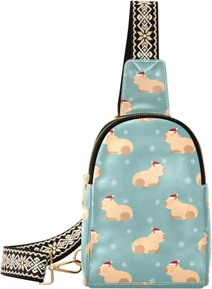 Capybara in Red Hat and Snowflakes Fanny Pack Crossbody PC Leather Small Sling Bag for Women Winter Fashion Waist Packs Chest Bag for Travel Sports Running Hiking