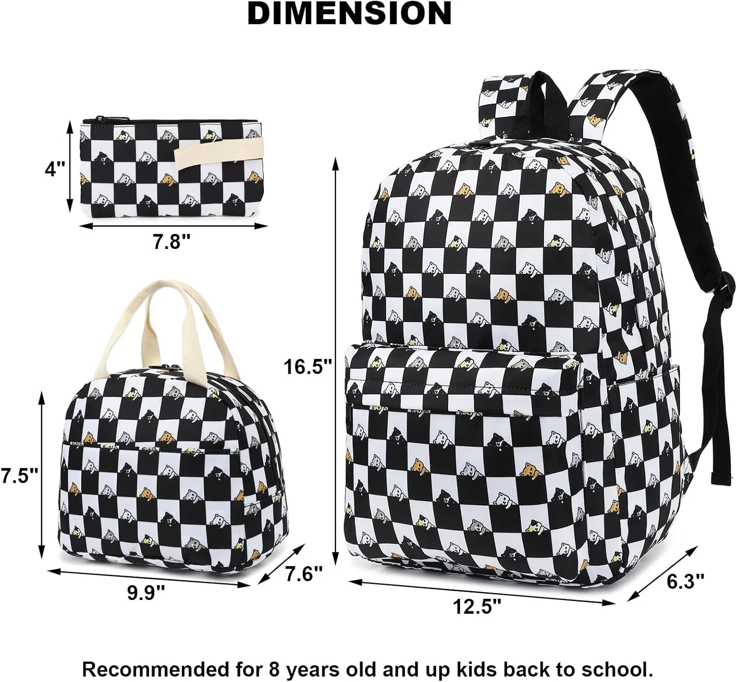 Checkered Cat Girls School Backpack for Kids Teens, Elementary Middle School Backpacks Bookbag Set with Lunch Bag Pencil Case
