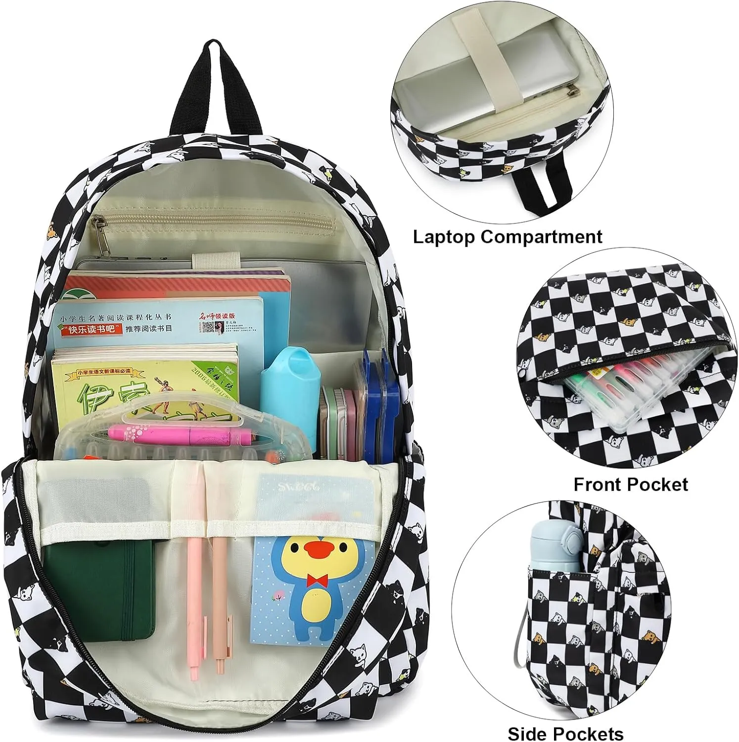 Checkered Cat Girls School Backpack for Kids Teens, Elementary Middle School Backpacks Bookbag Set with Lunch Bag Pencil Case