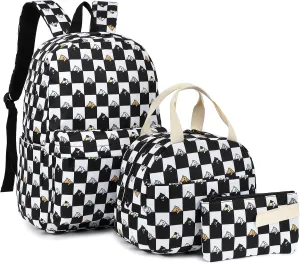 Checkered Cat Girls School Backpack for Kids Teens, Elementary Middle School Backpacks Bookbag Set with Lunch Bag Pencil Case