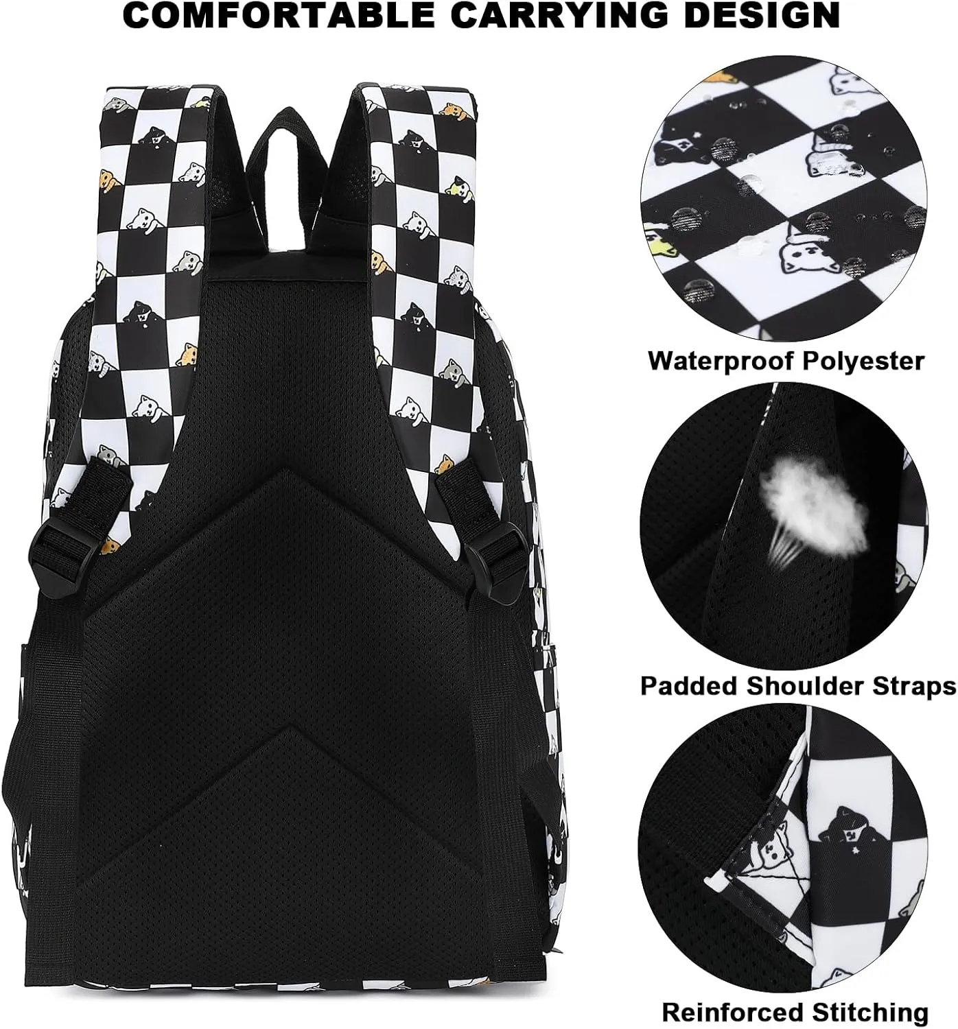Checkered Cat Girls School Backpack for Kids Teens, Elementary Middle School Backpacks Bookbag Set with Lunch Bag Pencil Case