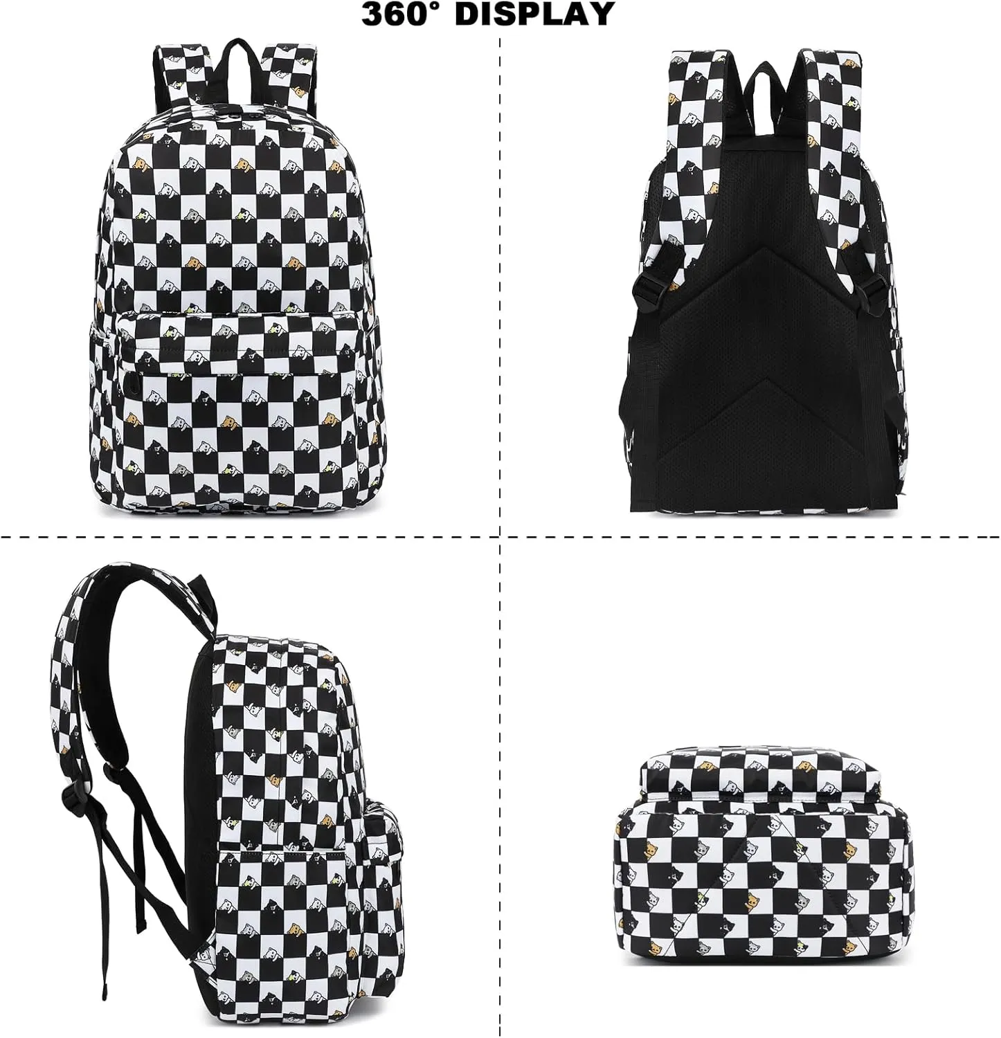Checkered Cat Girls School Backpack for Kids Teens, Elementary Middle School Backpacks Bookbag Set with Lunch Bag Pencil Case