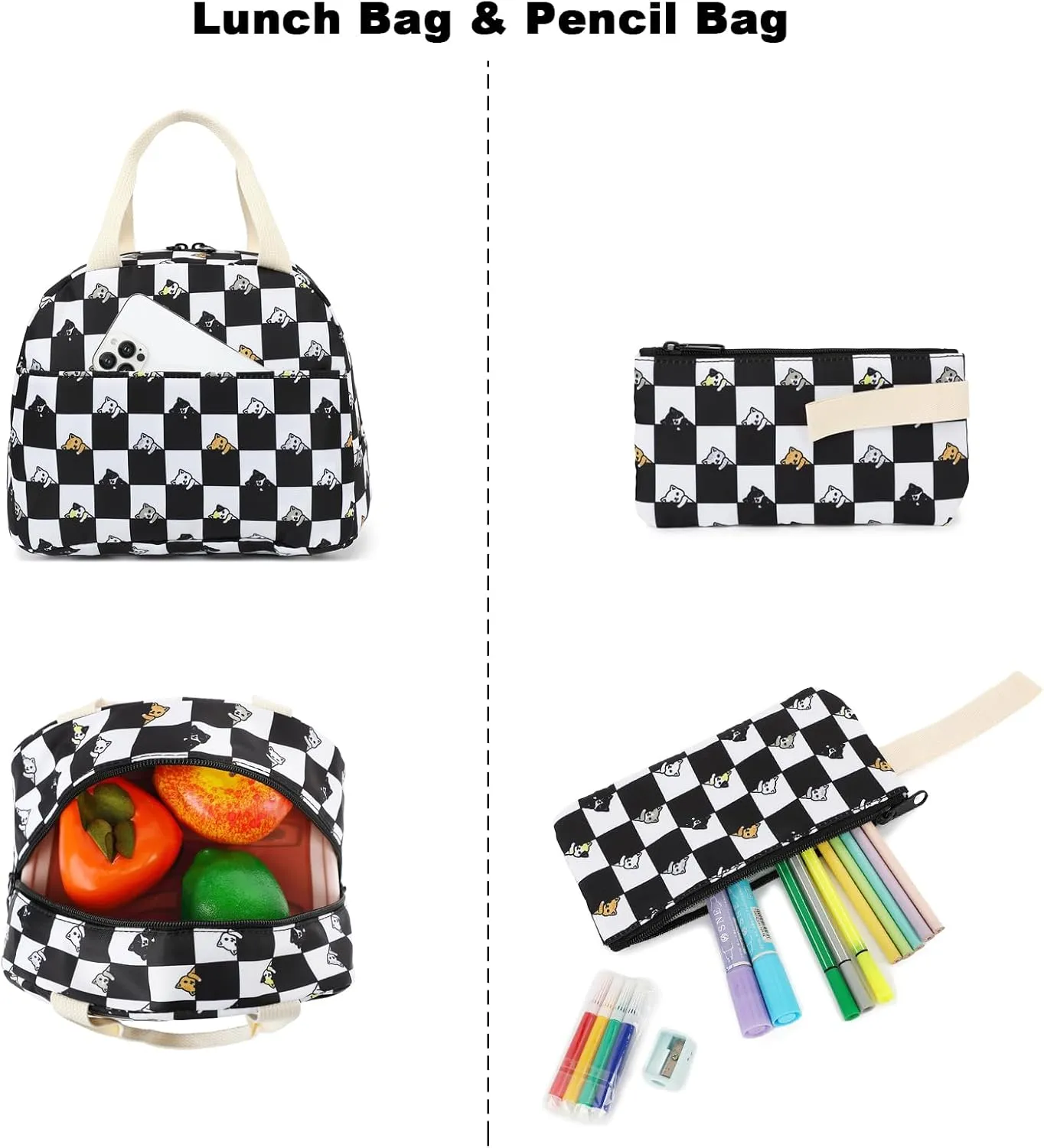Checkered Cat Girls School Backpack for Kids Teens, Elementary Middle School Backpacks Bookbag Set with Lunch Bag Pencil Case