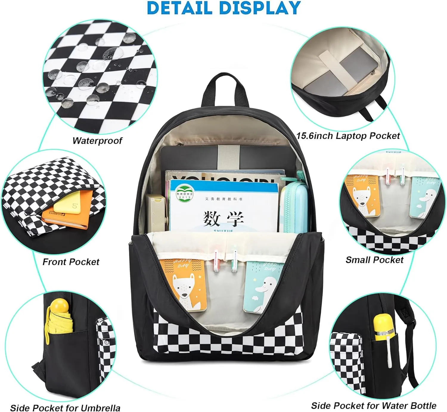 Checkered Girls School Backpack for Kids Teens, Elementary Middle School Backpacks Bookbag Set with Lunch Bag Pencil Case