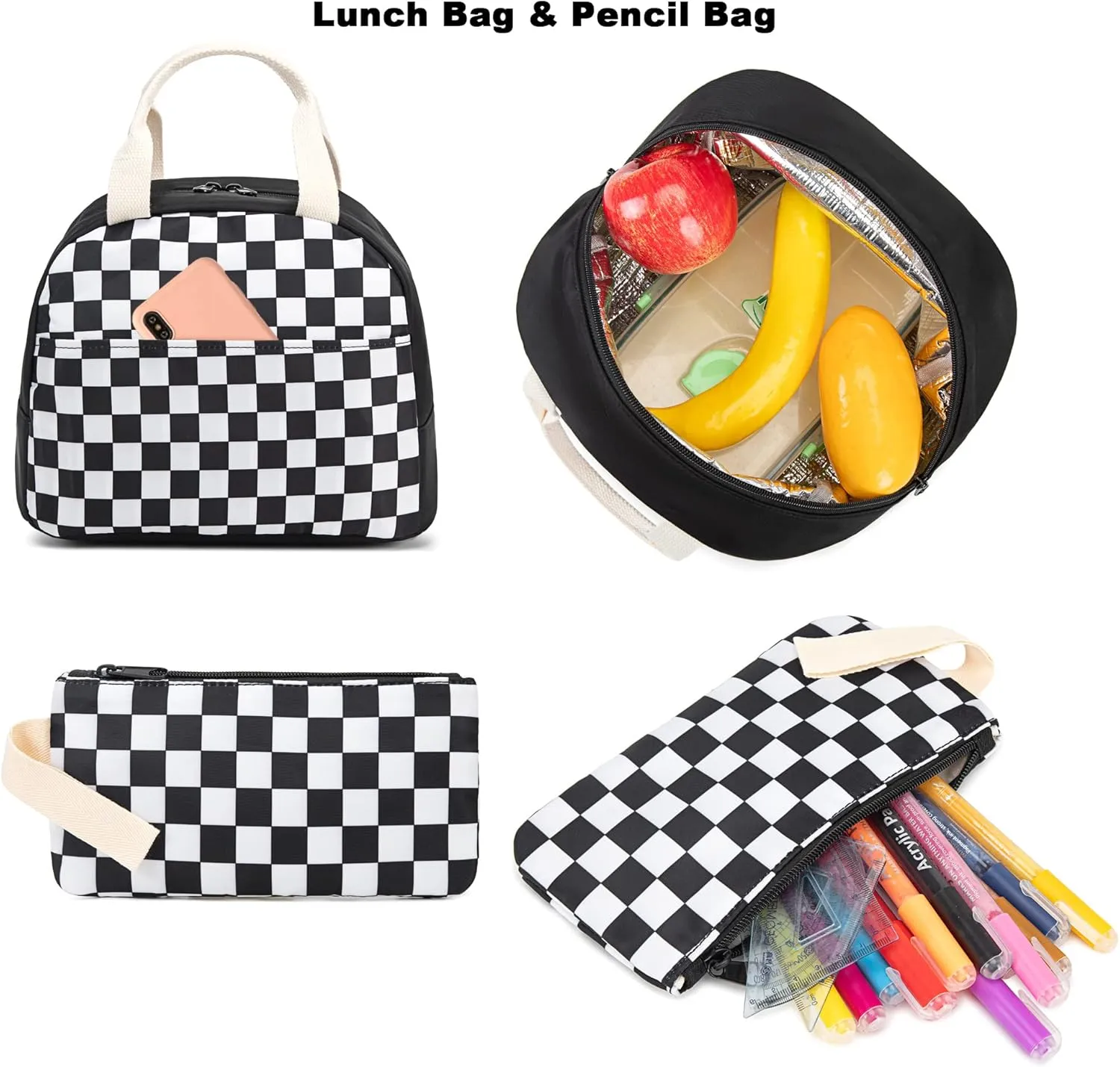 Checkered Girls School Backpack for Kids Teens, Elementary Middle School Backpacks Bookbag Set with Lunch Bag Pencil Case