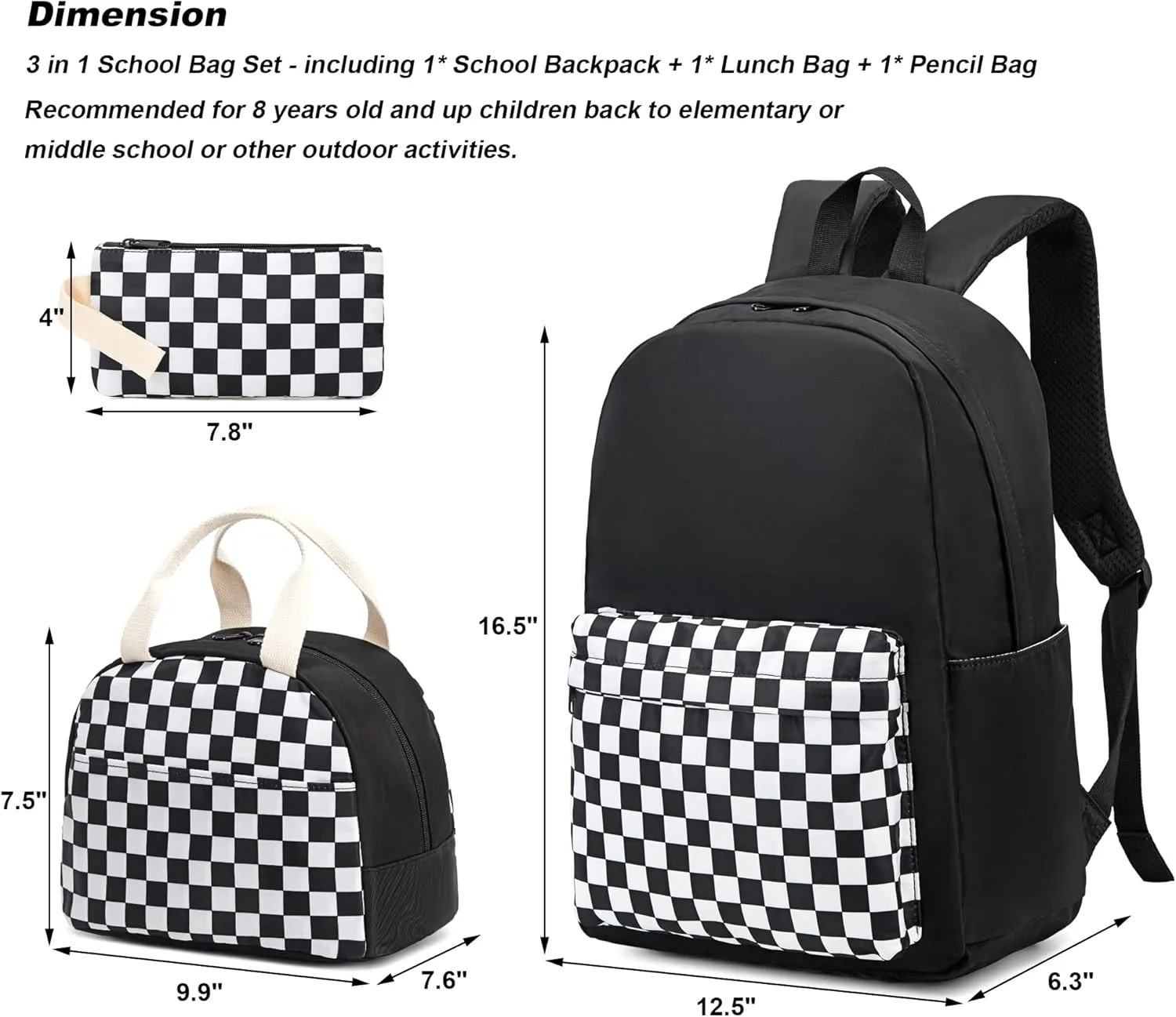Checkered Girls School Backpack for Kids Teens, Elementary Middle School Backpacks Bookbag Set with Lunch Bag Pencil Case