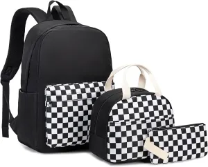 Checkered Girls School Backpack for Kids Teens, Elementary Middle School Backpacks Bookbag Set with Lunch Bag Pencil Case