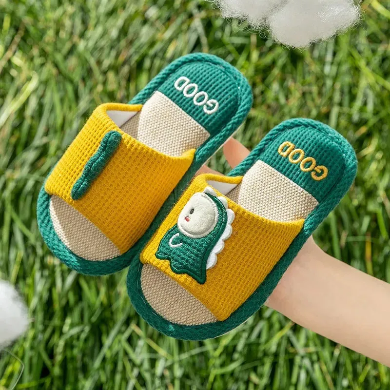 Children's Flats Linen Slippers Autumn Spring Cartoon Dragon Soft Sole Flip Flops For Boys And Girls Kid's Homewear Shoes H42