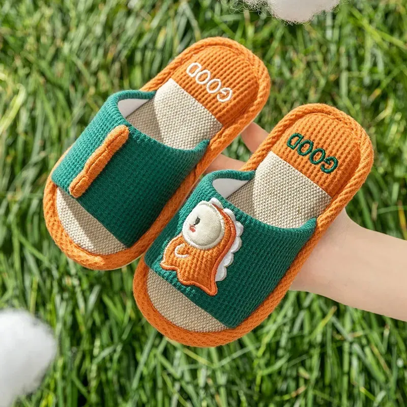 Children's Flats Linen Slippers Autumn Spring Cartoon Dragon Soft Sole Flip Flops For Boys And Girls Kid's Homewear Shoes H42
