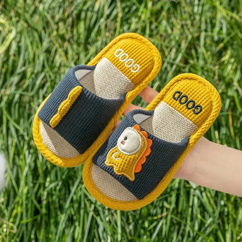 Children's Flats Linen Slippers Autumn Spring Cartoon Dragon Soft Sole Flip Flops For Boys And Girls Kid's Homewear Shoes H42