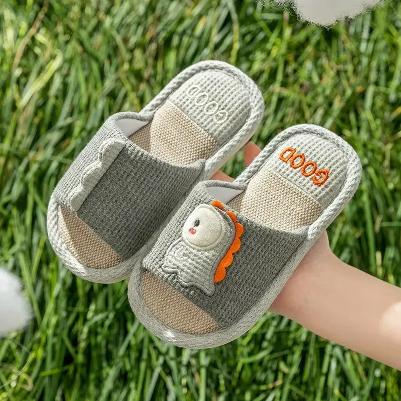 Children's Flats Linen Slippers Autumn Spring Cartoon Dragon Soft Sole Flip Flops For Boys And Girls Kid's Homewear Shoes H42