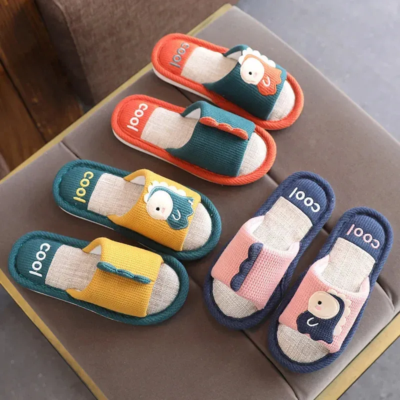 Children's Flats Linen Slippers Autumn Spring Cartoon Dragon Soft Sole Flip Flops For Boys And Girls Kid's Homewear Shoes H42