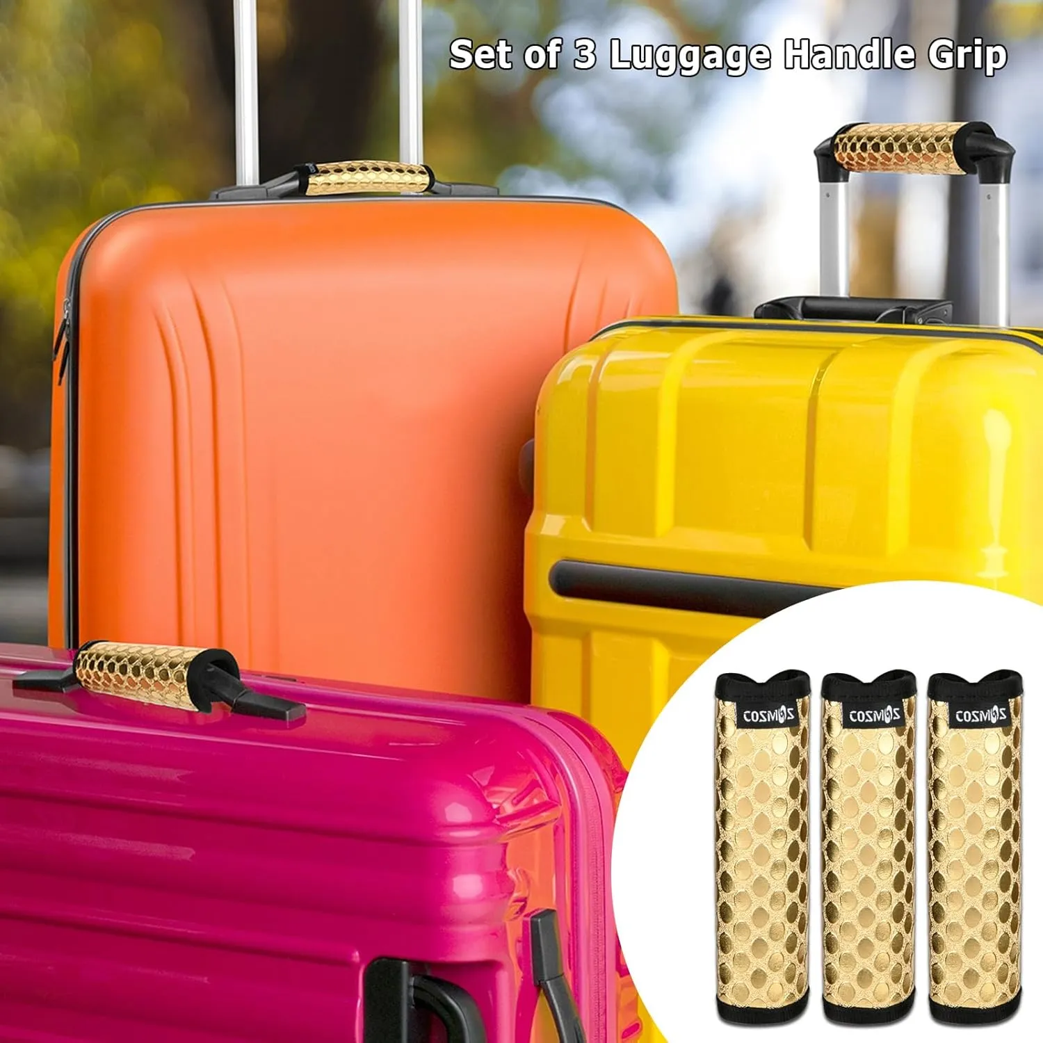 Cosmos Pack of 3 PU Leather Luggage Handle Wrap Handle Grip Luggage Identifier for Travel Bag Luggage Suitcase (Metallic Golden Tone Color)